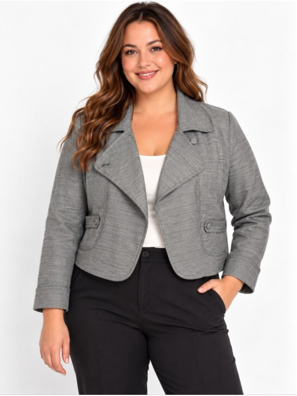 NWT Apostrophe Grey Cropped Moto Blazer Jacket Stretch Cotton Size 18